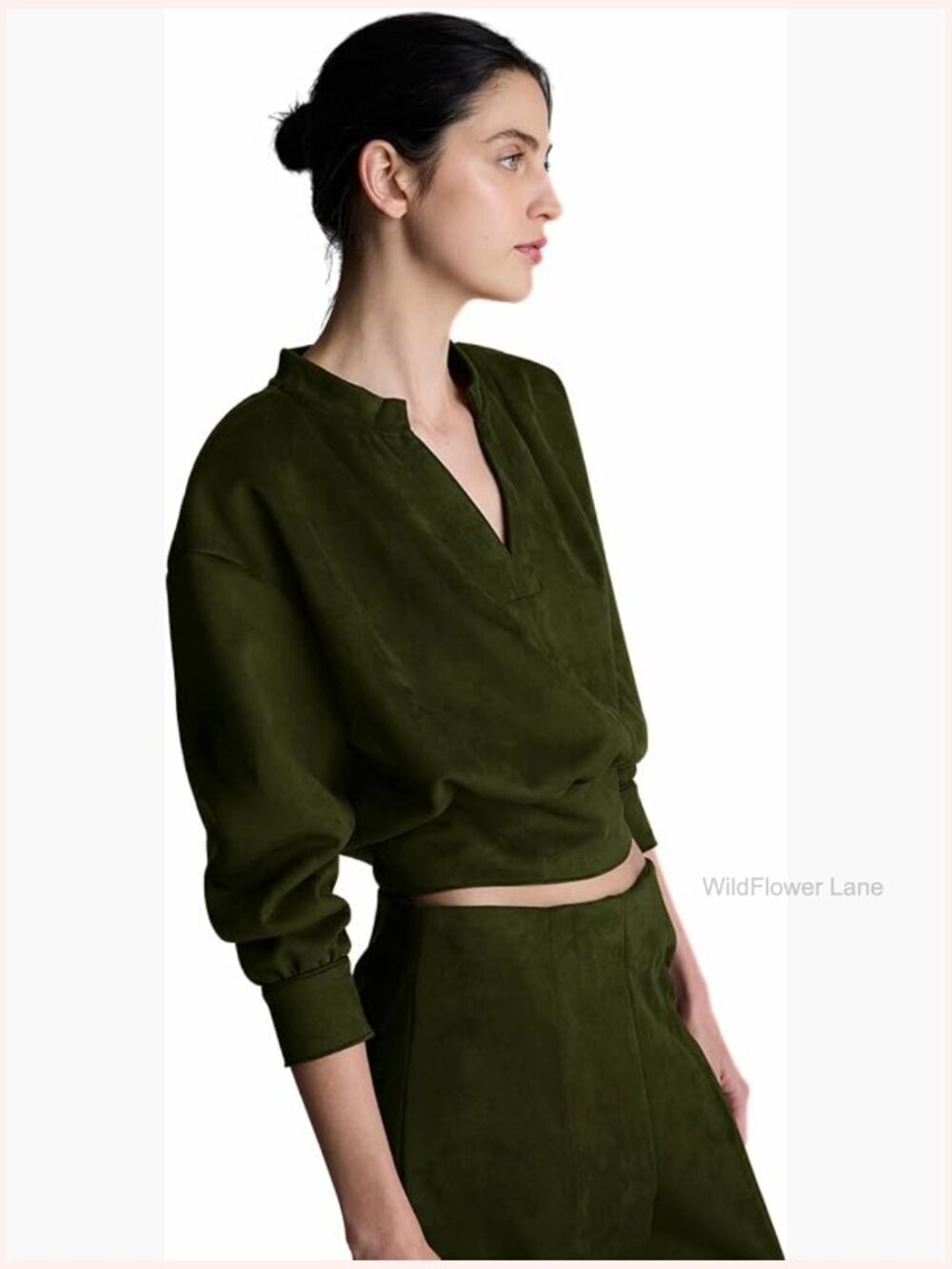 Long Sleeve Suede V-Neck Top Bottoms Office Work Blouse